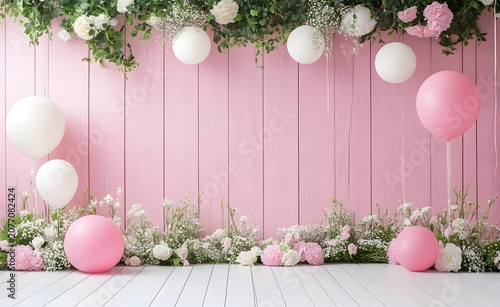 Minimalist celebration background with balloons and flowers on pink vertical planks