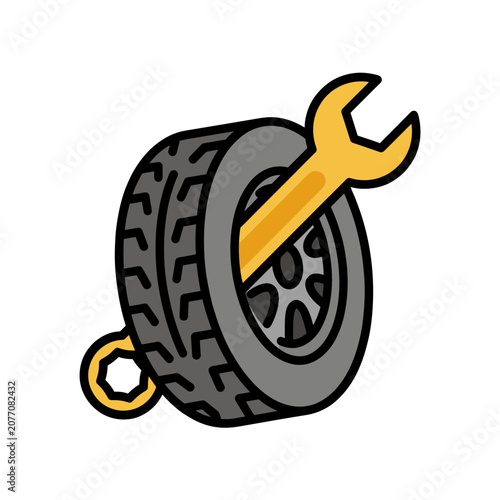 Car Tire with Wrench Flat Vector Illustration