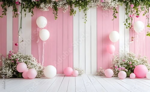 Festive Birthday Backdrop with Pink and White Balloons