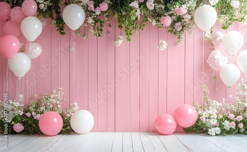 Pink Wooden Background with Balloons and Flowers for Party. Fresh Flowers and Balloons Arranged on Pink Wood Planks