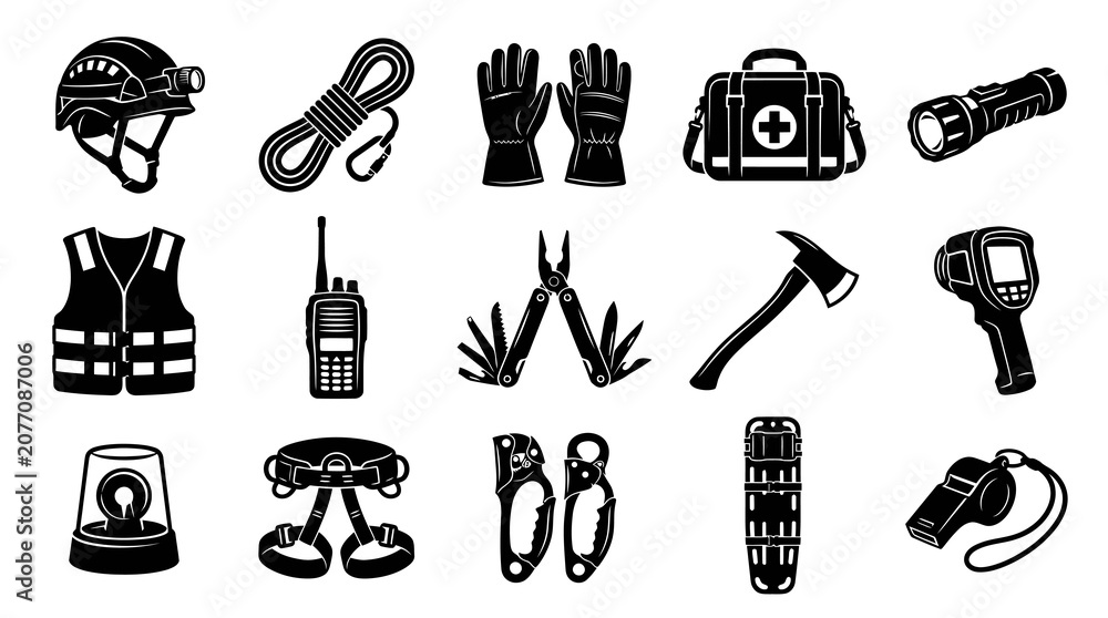 Obraz premium Emergency Services and Safety Equipment Glyph Icons Collection for First Responders and Rescue Operations
