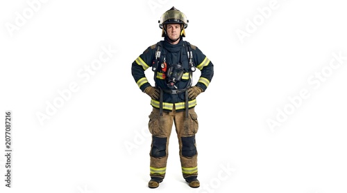 Firefighter in full protective turnout gear standing on white background