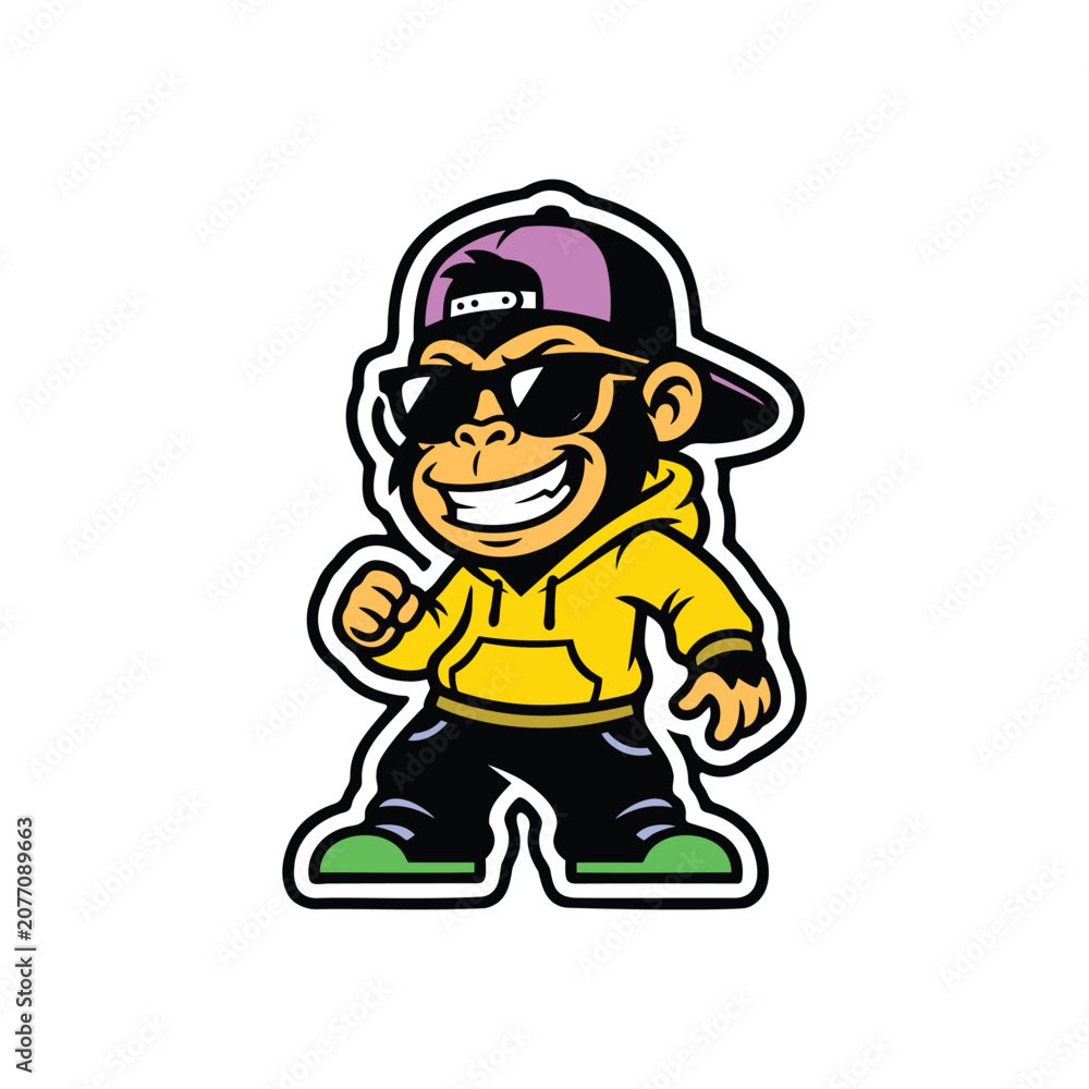 Naklejka premium Smiling Cartoon Monkey Character Walking in Bright Yellow Outfit and Cap