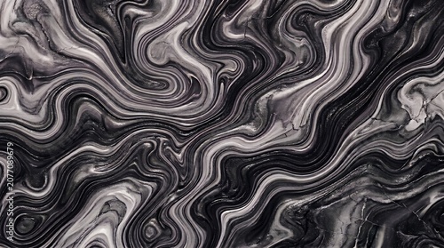 Abstract Swirling Black and White Marble Texture with Glittering Particles