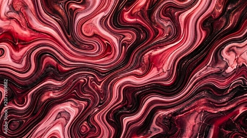 Abstract swirling marbled pattern with vibrant pink, black, and white tones