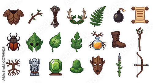 A collection of twenty-one pixel-art fantasy item icons featuring forest-themed gear, weapons, plants, and magical artifacts on a white background.