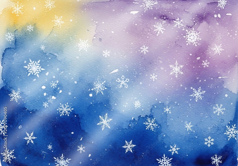 Fototapeta premium 幻想的な雪景色、水彩画風、寒色系グラデーション、冬の空