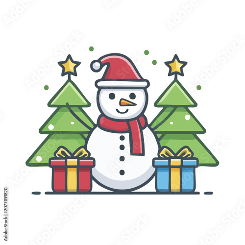 Flat illustration of a snowman with Christmas trees and gifts