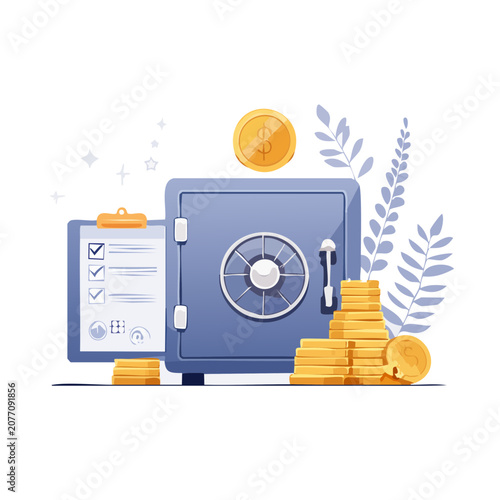 Flat illustration of safe with coins and checklist