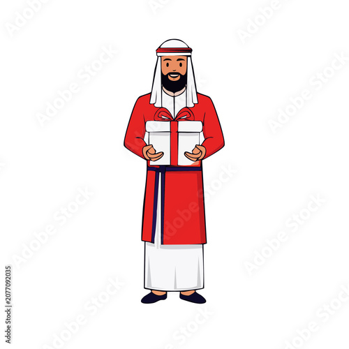 Man in traditional attire holding a gift box, flat vector illustration