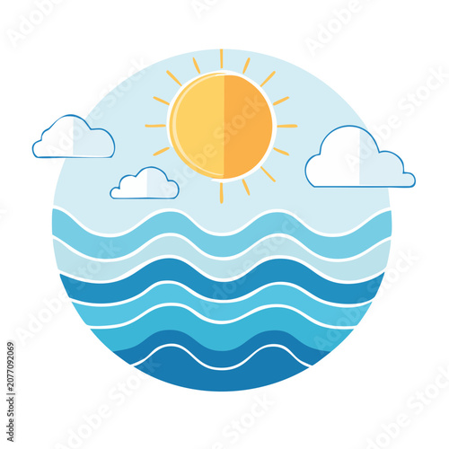 Sun, clouds, and ocean waves in circular illustration