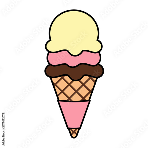 Triple Scoop Ice Cream Cone Flat Vector Illustration