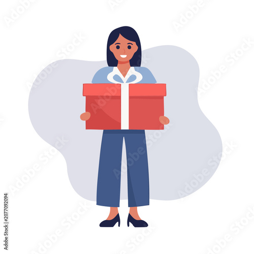 Woman holding red gift box, flat vector illustration