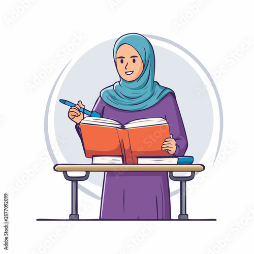 Woman in hijab reading a book at a desk