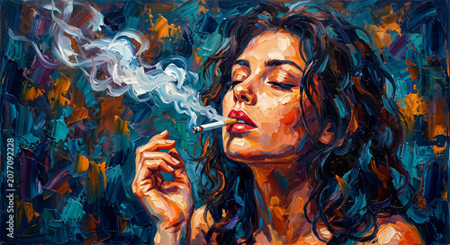 Vibrant impasto oil painting portrait of a young woman smoking a cigarette with swirling smoke and colorful abstract background