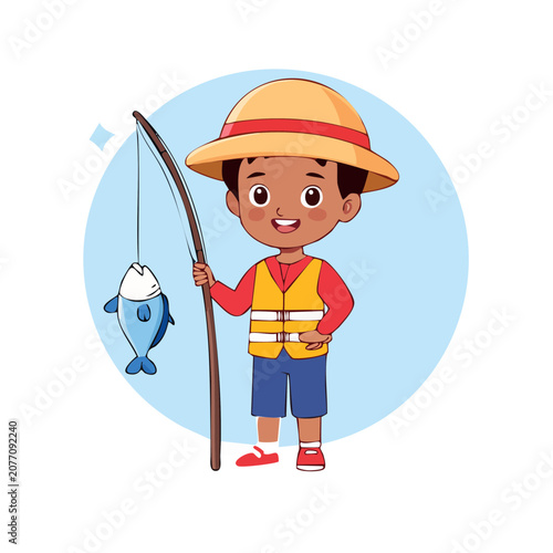 Cartoon boy with umbrella and rain boots