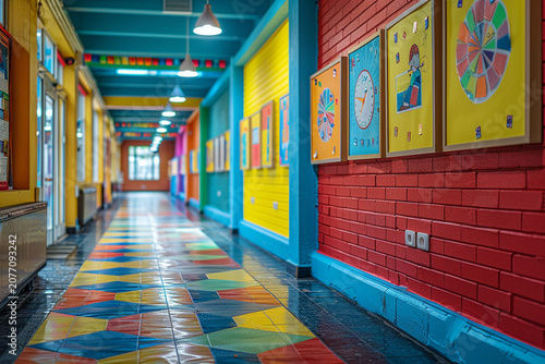 Colorful school hallway.  Vibrant corridor with colorful walls and patterned floor.  Artwork displayed along walls.  Bright, cheerful, and inviting.