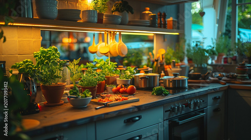 Cozy kitchen interior, illuminated by warm lighting, showcasing fresh herbs, vegetables, and cooking utensils on a wooden countertop, with various kitchenware displayed on shelves.