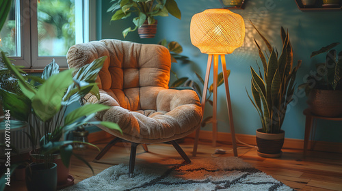 Cozy reading chair surrounded by houseplants in a warm interior, lit by a woven lamp.