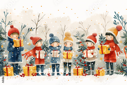 Cute children in winter wonderland holding gifts.