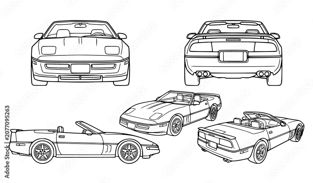 Obraz premium Vintage Coupe Convertible Sports Car Outline Vector Set with Five Views 1980s 1990s Technical Doodle Sketch