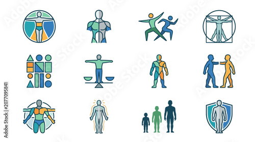 Corporate Infographic Icons Set Featuring Diverse Human Figures Balance Scales Shields and Abstract Shapes in Vibrant Colors
