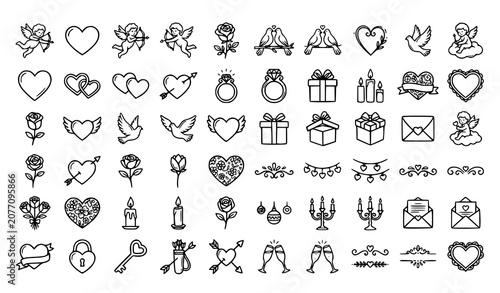 Photos Romantic Valentines Day cherub and heart icon vector set with Cupid angels flora