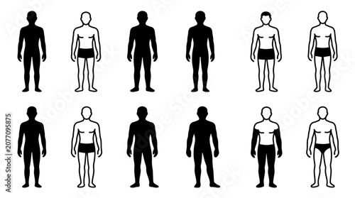 Industrial Style Icons of Fully Clothed and Shirtless Human Figures in Black and White Line Art