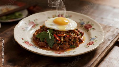 A steaming plate of resin Pad Kra Pao with a faux fried egg on a vintage enamel plate