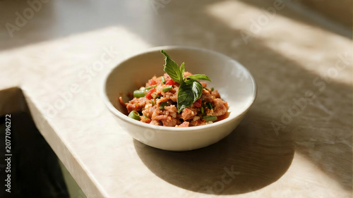 Bathed in Bright Light, a Pristine Bowl of Faux Pork and Basil Stir-fry on Wood