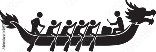 Dragon boat, rowing team, vector illustration, black silhouette, sports icon