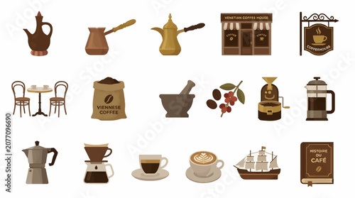 Obraz na plátne Flat Vector Icons of Coffee Culture and History: Brewing Methods, Coffeehouse, B