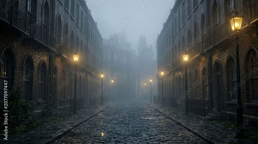 Naklejka premium 19th Century Victorian London Cobblestone Street in Fog