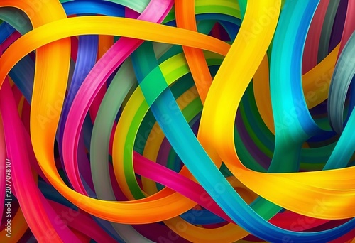 Vibrant, interwoven stripes in diverse hues twist and swirl, spiral, twirl