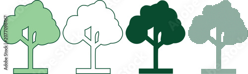 Vector set of four distinct tree illustrations in various shades and styles