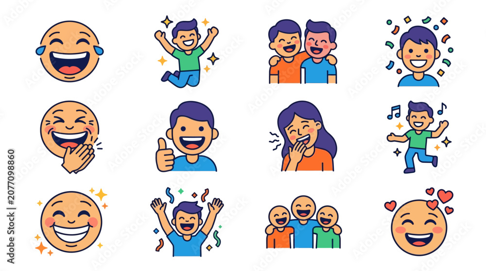Fototapeta premium Elegant Set of Colorful Happy Cartoon Faces and Celebratory Characters for Positive Emotions and Joyful Moments
