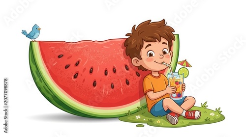 Happy cartoon boy enjoying summer refreshments