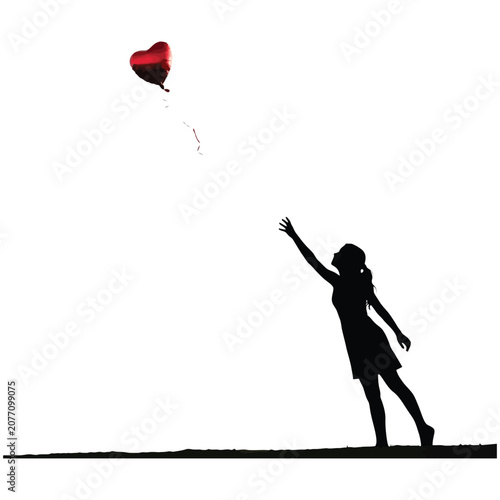 Silhouette of a woman reaching toward a floating red heart balloon with reaching