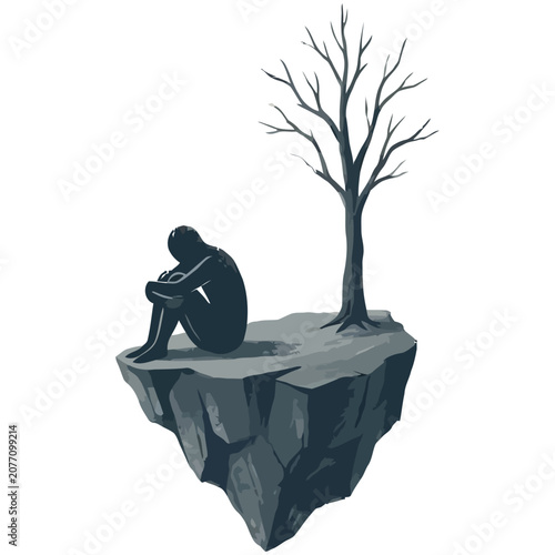 Photos Depressed person sitting alone on a floating rock with a dead tree, loneliness