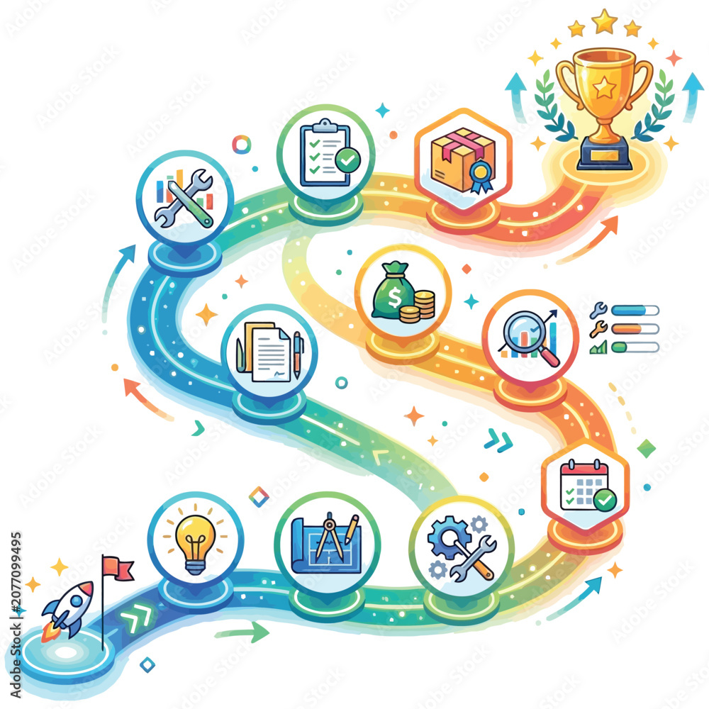 Naklejka premium Project management workflow roadmap with business icons and success trophy