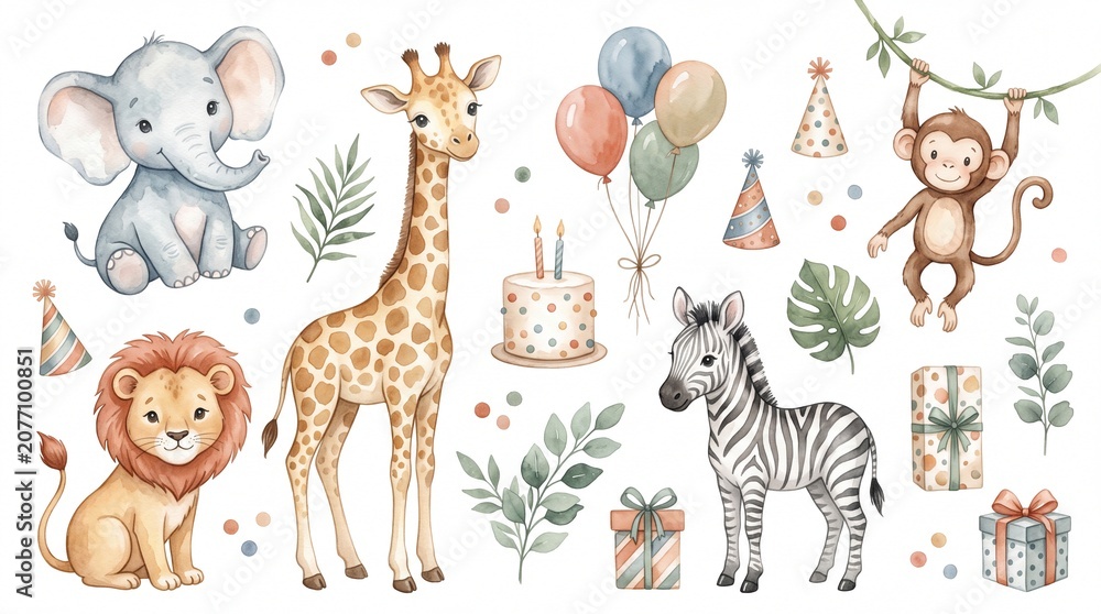 Fototapeta premium Watercolor safari animals birthday set, cute jungle animal illustrations with cake and balloons, nursery safari clipart collection