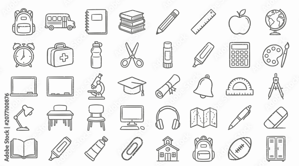 Fototapeta premium Collection of school and education related icons in a simple line art style, perfect for educational materials and designs.