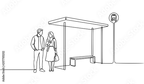 Continuous One Line Drawing of Man and Woman Waiting at Bus Stop Shelter Vector Illustration