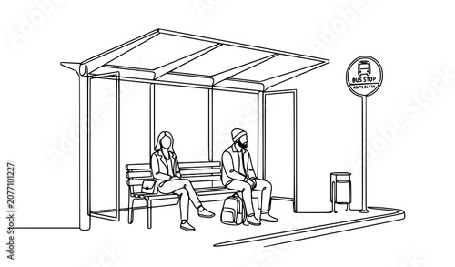 Single Continuous Line Drawing of Bus Stop with Waiting Man and Woman Vector Art
