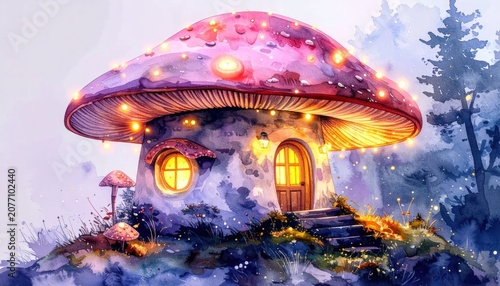 Enchanted glowing mushroom house at night in the woods.