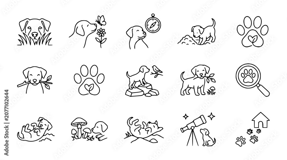 Fototapeta premium Cute Dog Icons Set: Line Art Illustrations of Puppies and Paw Prints