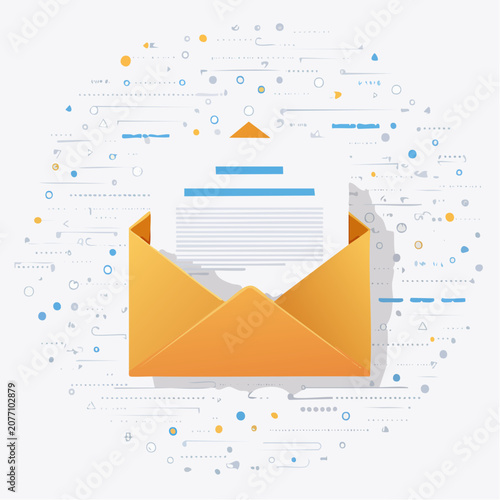 Digital mail communication with open envelope and letter vector