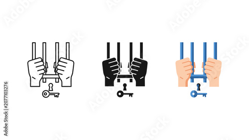 Obraz na płótnie Prison bars with hands and key icon set prison cell behind bars prisoner captivi