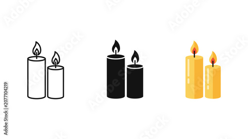 Foto Pair of burning pillar candles vector graphic icon set with decoration illustrat