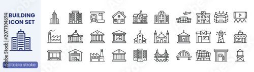 Building and Infrastructure Line Icon Set with Editable Stroke. City, Architecture, and Real Estate symbol. Vector Illustration